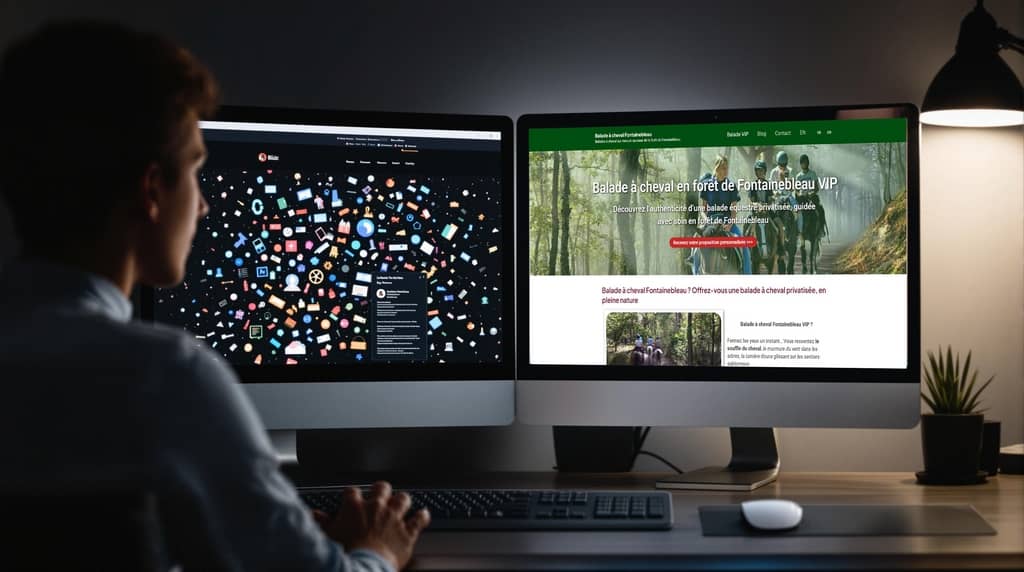 Comparaison entre un site au design surchargé et un site web épuré affichés sur deux écrans côte à côte