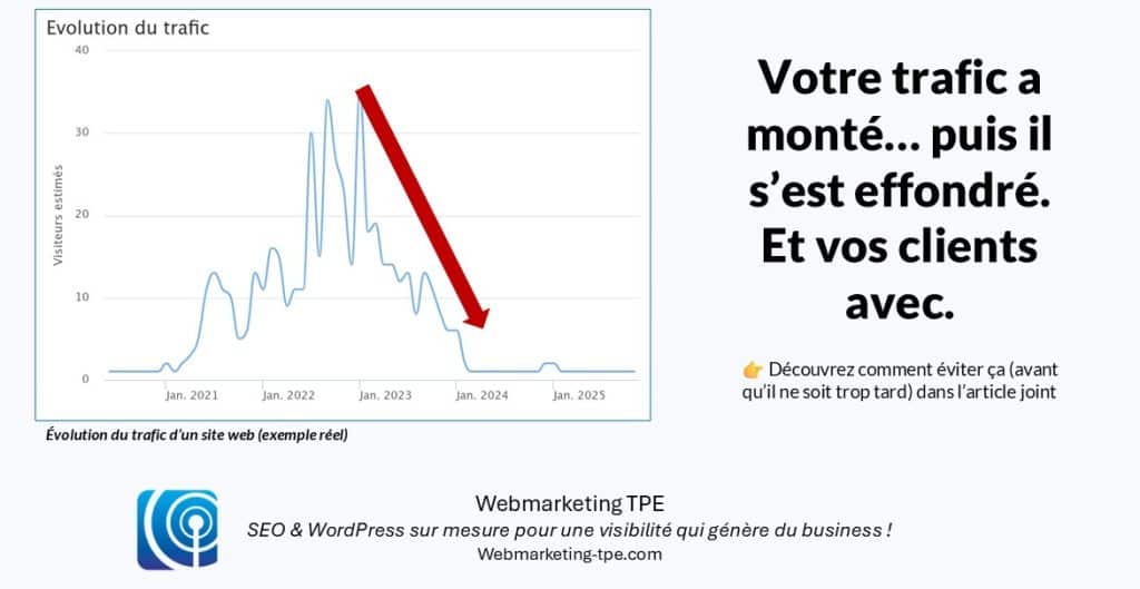 Graphique réel montrant la chute du trafic d’un site web et la perte de visiteurs.