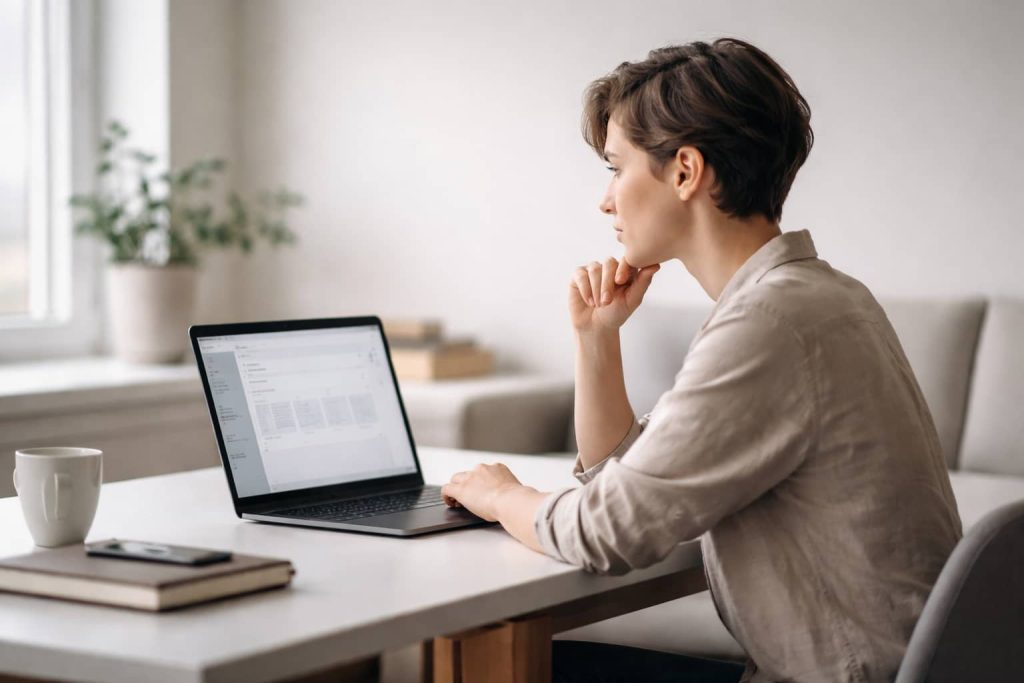 Analyse de la visibilité d’un site web sur Google par un entrepreneur travaillant sur son référencement SEO.