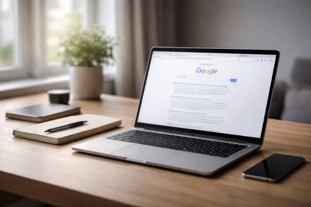 Espace de travail professionnel illustrant l’analyse SEO d’une page de vente positionnée en position zéro sur Google.
