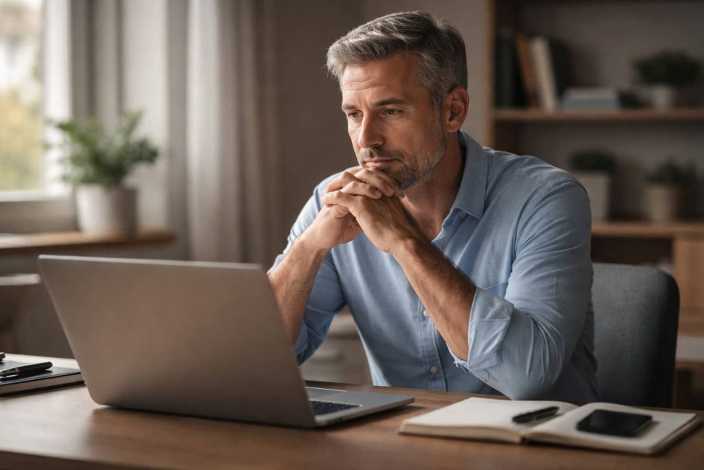 Dirigeant pensif devant son ordinateur, illustrant un site internet inutile qui ne génère pas de contacts.