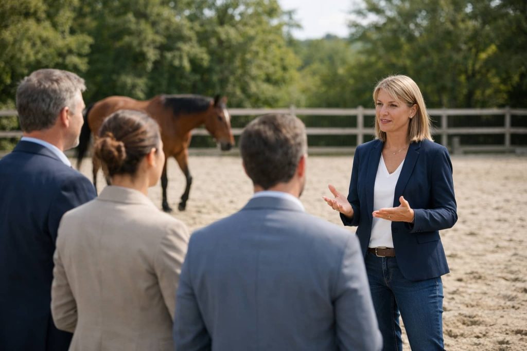 Séminaire equicoaching en entreprise avec participants et equicoach lors d’un temps d’échange professionnel autour du cheval.