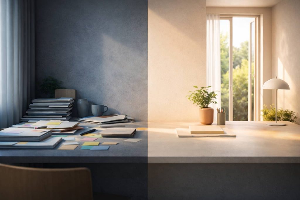 Contraste visuel entre un site web désorganisé et une structure claire soutenant la prise de décision.