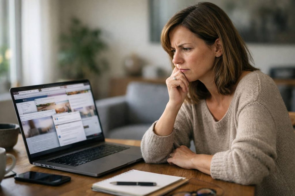 Personne comparant plusieurs sites de sophrologues en Seine-et-Marne sur ordinateur avec hésitation.