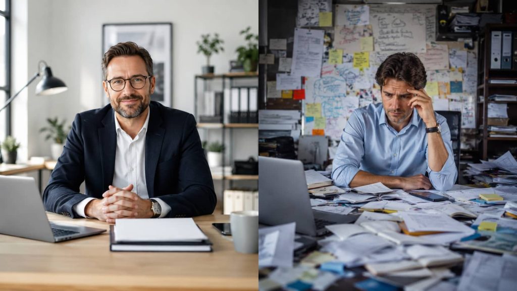 Deux professionnels illustrant la différence de perception entre un site web qui inspire confiance immédiatement et un site qui crée du doute.