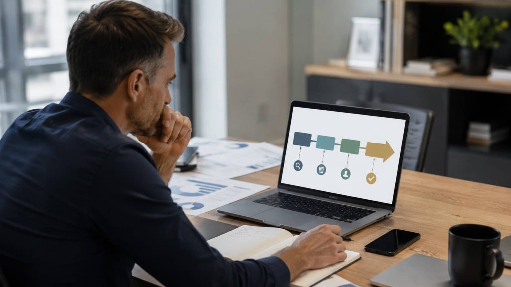 Schéma montrant le parcours entre visibilité, compréhension, contact et choix du client pour un site professionnel.