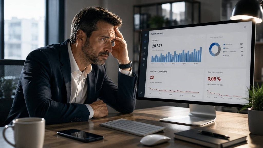 Dirigeant préoccupé devant un tableau de bord affichant beaucoup de visiteurs mais très peu de contacts ou de conversions.